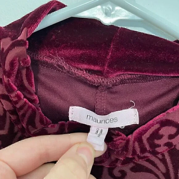 MAURICES Velvet Shift Dress Burnout Pattern Burgundy Maroon Red High Neck Velour - Picture 5 of 12